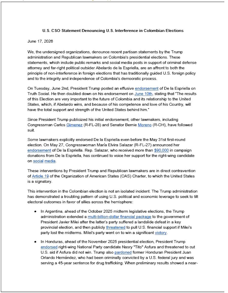 state department memo colombia election interference