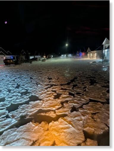 Torrential rain and hail created hoards of ice floats in the street.