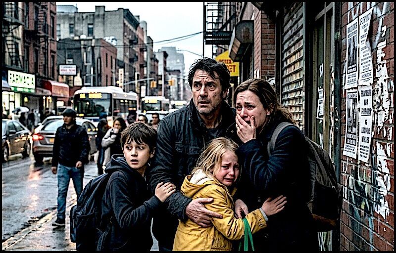 terrified family city street