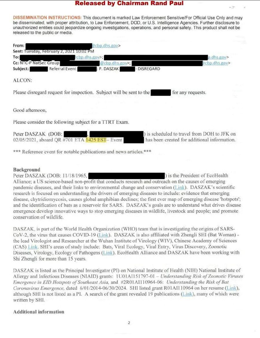 covid document daszak fbi stand down customs officials