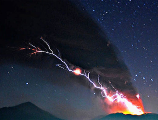 Lightning erupts from the crater of Mount Shinmoedake on the island of Kyushu in Japan. 