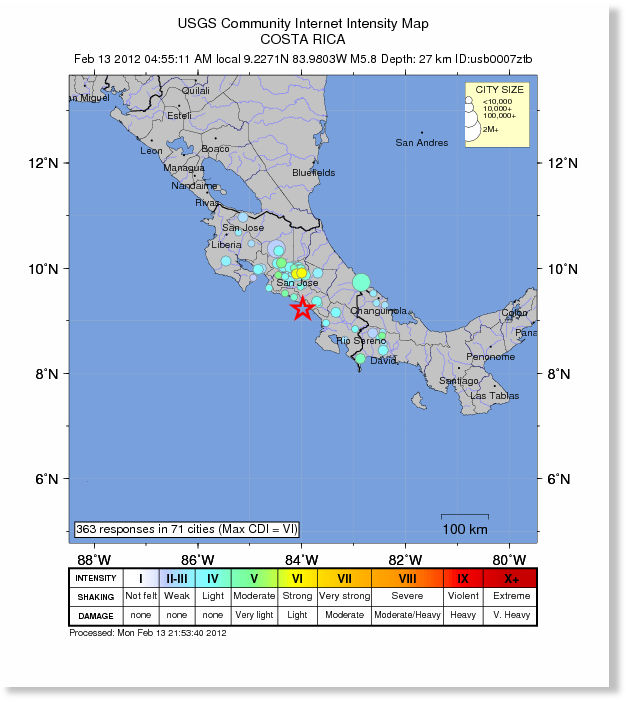 Costa Rica Earthquake Magnitude 5.8 South of San Jose Earth