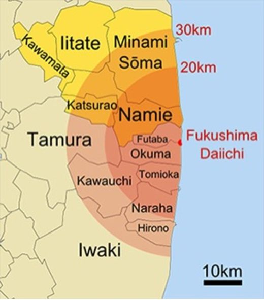 Map showing 20 kilometer evacuation zone and neighboring towns