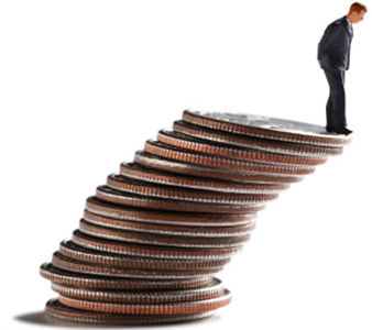 man on leaning tower of quarters graphic