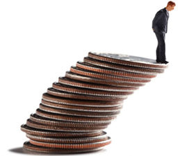 man on leaning tower of quarters graphic