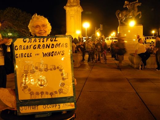  Nan Wigmore, 75, brought a walker and a sign to Chicago to protest at the NATO summit.