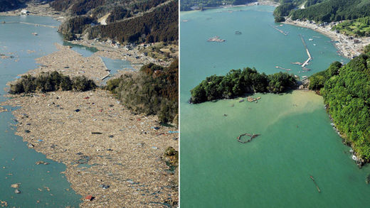 Two photos show the same coast in northeastern Japa