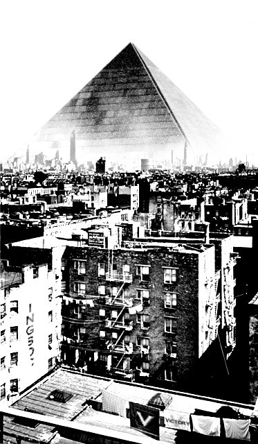 The Ministry of Truth rising over the slums of Airstrip One.