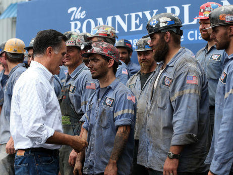 Click to enlarge Mitt Romney greets coal miners