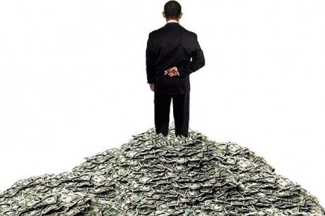 oligarch on pile of cash graphic