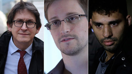 Click to enlarge Alan Rusbridger, Edward Snowden and David Miranda