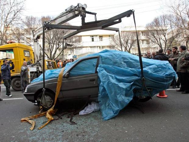 The bombed car of Mostafa Ahmadi-Roshan