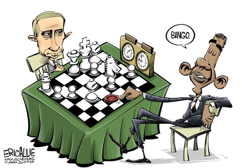 Putin Obama chess game cartoon