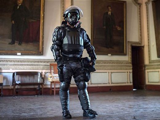 The paramilitary police riot body armour.