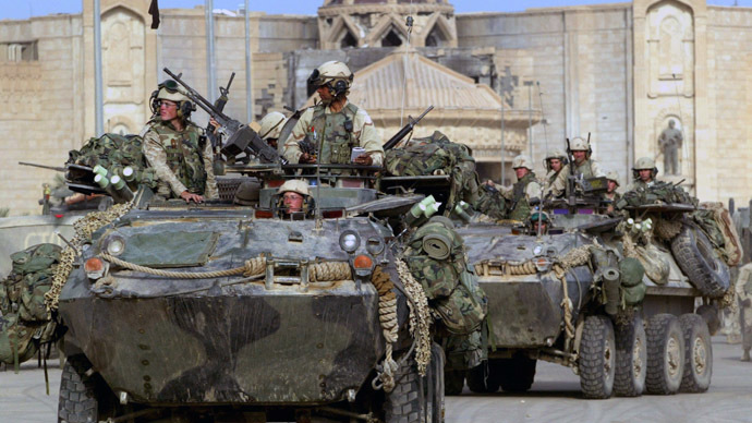 Marines in front of Hussein's palace, Iraq