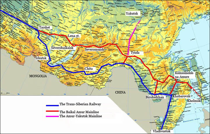 Map of BAM railway in Russia
